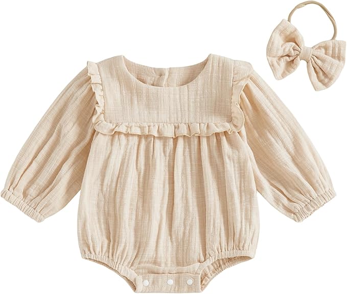 2pcs Infant Baby Girls Romper Dress Headband Long Sleeve Clothing Flowers Newborn Boho Girl Outfit Jumpsuit Clothes