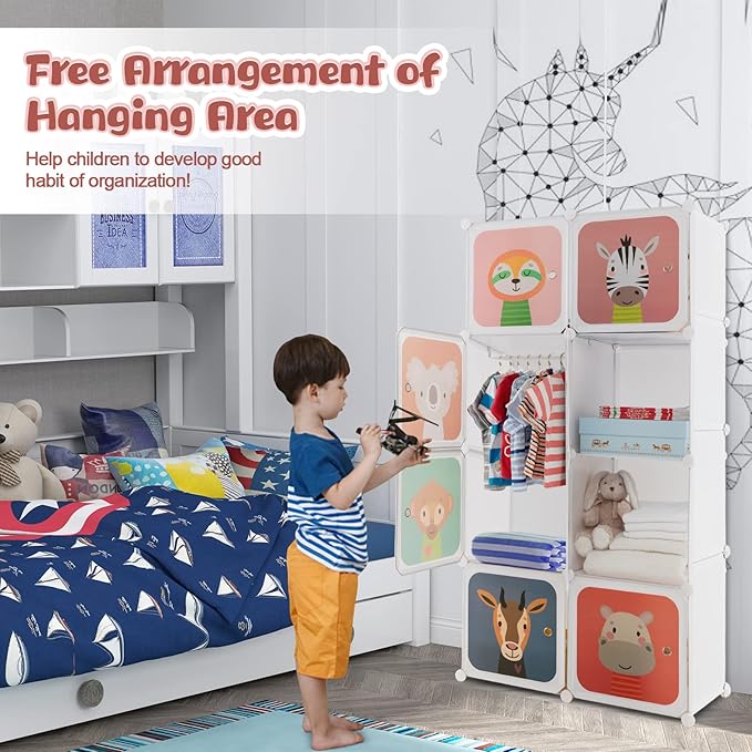 Costzon Kids Closet, Cartoon DIY Modular Dresser Storage Organizer with 8 Cubes & Clothes Hanging Rack, Portable Armoire for Baby Toddlers, Kids Wardrobe for Bedroom Nursery, White