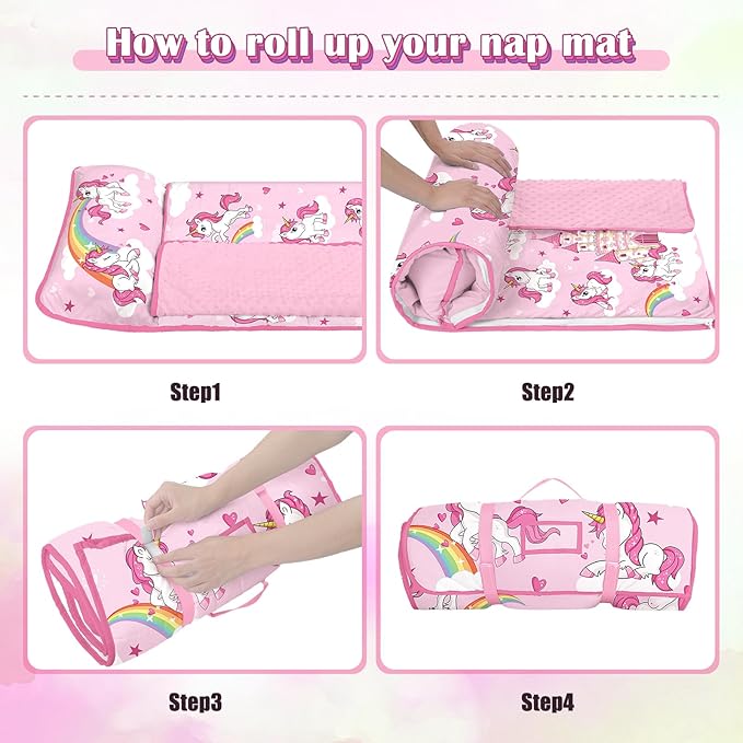 Toddler Nap Mat Kids Sleeping Bag 59"×24", Soft Slumber Bag with Removable Pillow and Blanket for Kids Girls Boys,Roll Up Sleeping Mat Thick for Camping,Daycare, Kindergarden