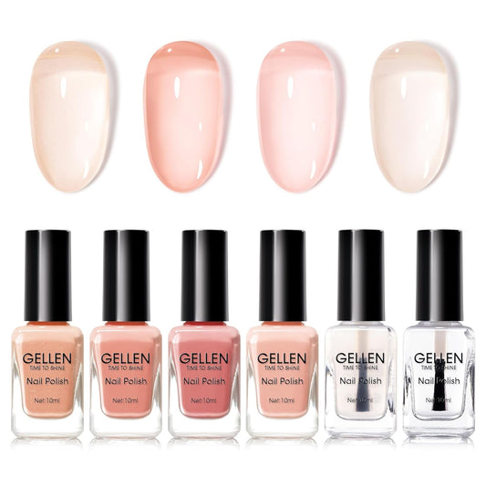 GELLEN Sheer Pink Nail Polish & Clear Base Top Coat Nail Polish, Light Pink Jelly Nails Polishes Summer Spring 6pcs Set, Quick Air Dry Non-Gel Traditional Regular Nails Polishes, Hema Free, Non-toxic