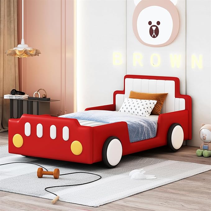 Merax Twin Bed Frames for Boys,Race Car Platform Bed with Wheels,Soft PU Leather Headboard and Footboard,Kids Car Bed Twin Size No Box Spring Needed