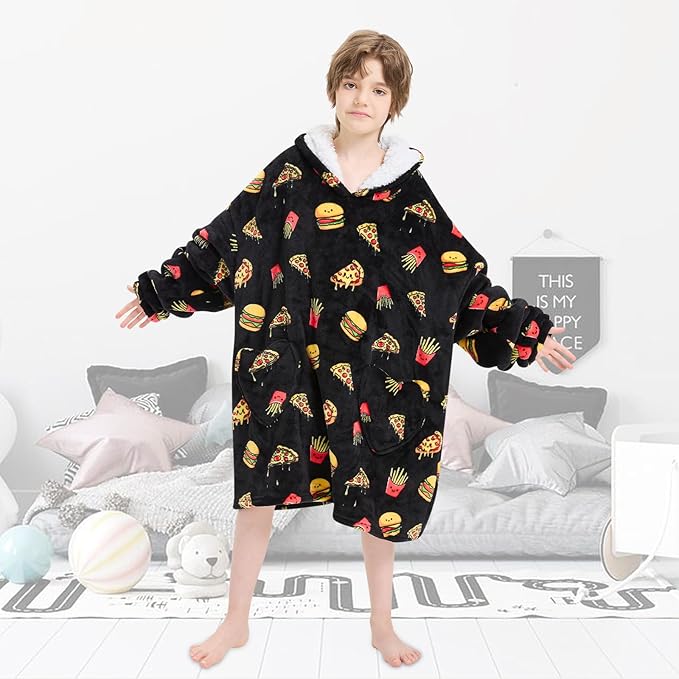 Fiosnow Pizza and Chips Blanket Hoodies for Kids 6-13YR Oversize Wearable Blanket Hoodies for Boys Girls Teens