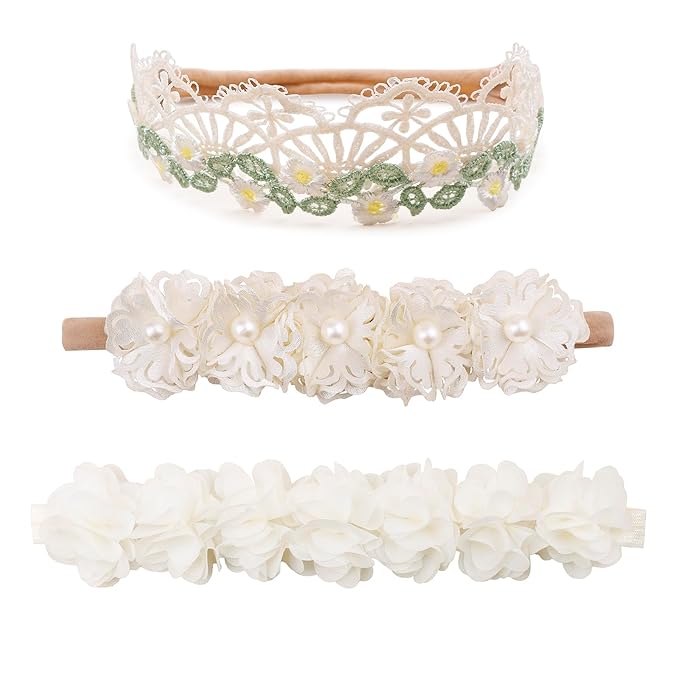 cherrboll 3pcs Baby Girl Headbands Flowers, Super Soft & Stretchy Nylon Floral Hairbands for Newborn Toddler