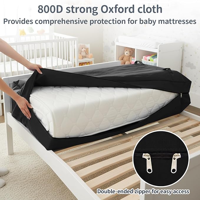 1 Pcs Crib Mattress Storage Bag with Zipper and 8 Reinforced Handles Oxford Cloth Waterproof Crib Mattress Protector Bag for Storage, 52.5 x 28 x 6.5 Inches (Black)