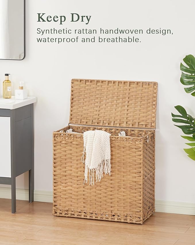 Laundry Hamper with Lid Laundry Basket 132 L (35 Gal) Wicker Clothes Hamper, Handwoven Rattan Hamper with Handles and 4 Removable Liner Bags, 6 Mesh Bags for Laundry Bedroom Natural