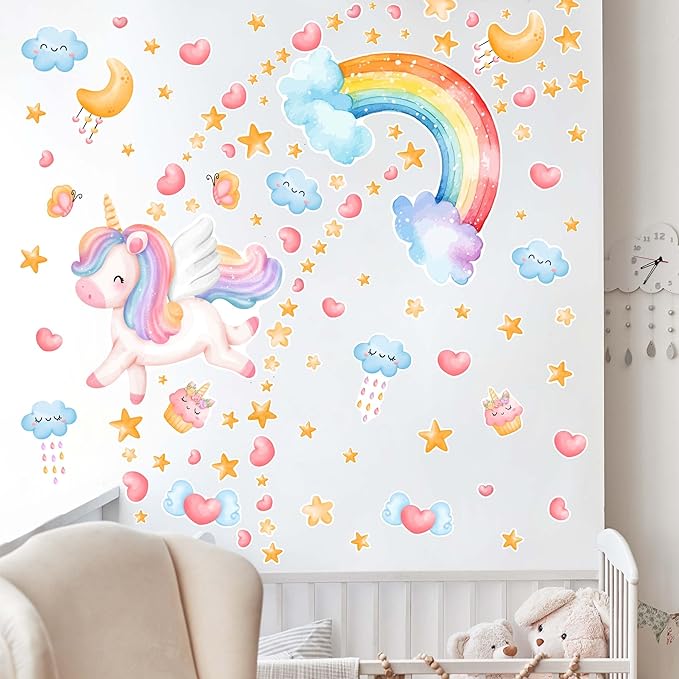 Large Unicorn and Rainbow Wall Decals Glow in The Dark, Watercolor Stars Stickers for Baby Girls Room, Luminous Ceiling Decor for Bedroom Playroom Nursery
