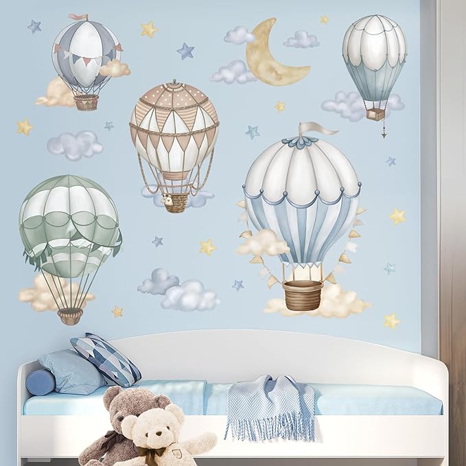 wondever Watercolor Hot Air Balloon Wall Stickers Star Moon Cloud Balloons Peel and Stick Wall Art Decals for Baby Nursery Kids Bedroom