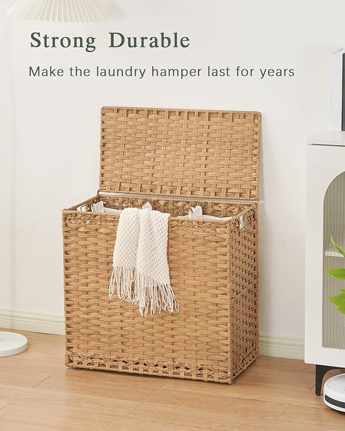 Laundry Hamper with Lid Laundry Basket 132 L (35 Gal) Wicker Clothes Hamper, Handwoven Rattan Hamper with Handles and 4 Removable Liner Bags, 6 Mesh Bags for Laundry Bedroom Natural