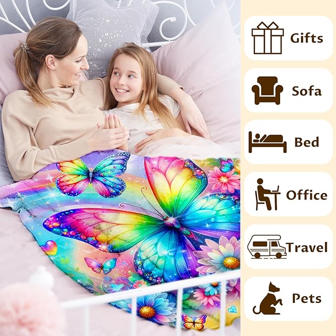 Girls Butterfly Blanket Gift, Throw for Kids Teens Adults 50x60 Inches Soft Warm Throw Blankets for Sofa Couch Bed Travel Aesthetics Decor Stuff