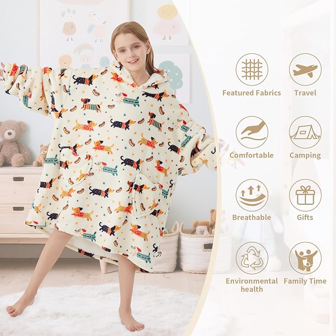 Fiosnow Dachshund Blanket Hoodies for Kids 6-13YR Oversize Wearable Blanket Hoodies for Boys Girls Teens