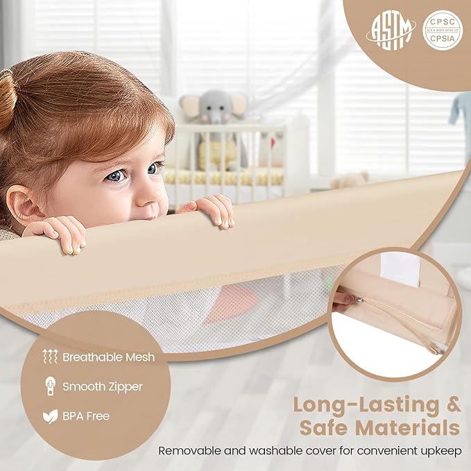 HONEY JOY Bed Rail for Toddlers, 59-in Extra Long, Portable Safety Guardrail w/Double Safety Child Lock, Foldable Baby Bed Rail Guard, Fit King & Queen Full Twin Size Bed Mattress (2 Pack, Beige)