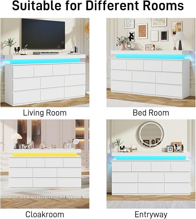 10 Drawer Dresser for Bedroom, 63“ Wide 34” Tall Drawer Organizer Cabinet with LED Light and Charge Station, Modern Chest of Drawers for Closet, Living Room, Entryway, Hallway (White, 10 Drawers)