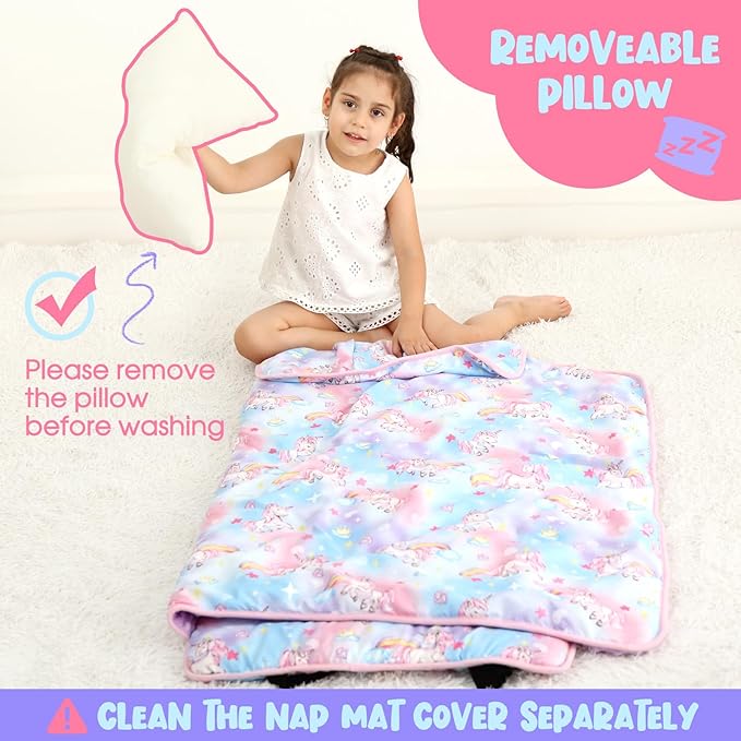 ACRABROS Toddler Nap Mat with Pillow and Blanket, Extra Large Rolled Napping Mats,Slumber Bags for Boys Girls,Kids Sleeping Bag for Daycare, Preschool Travel Camping,Colorful Unicorn