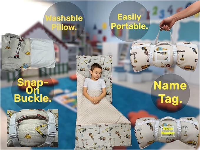 Toddler Nap Mat with Pillow and Blanket, Preschool, Nursery Sleeping Mat, Portable Bed for Kids, Ultra Soft Cotton, Fleece, Minky, Machine Washable, Travel Friendly, Kids Sleeping Bags, Cream.