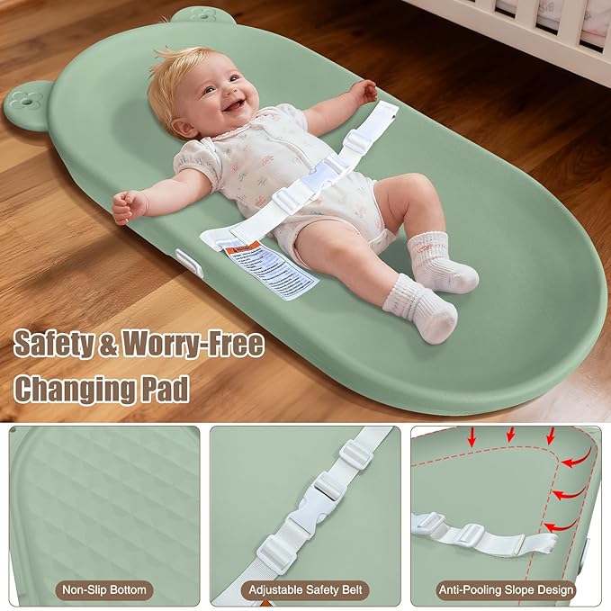 Baby Changing Pad, EVA Waterproof Non-Slip Changing Table Pad with Adjustable Strap for Dresser Changing Table Nursery, Portable Diaper Changing Pad, Green