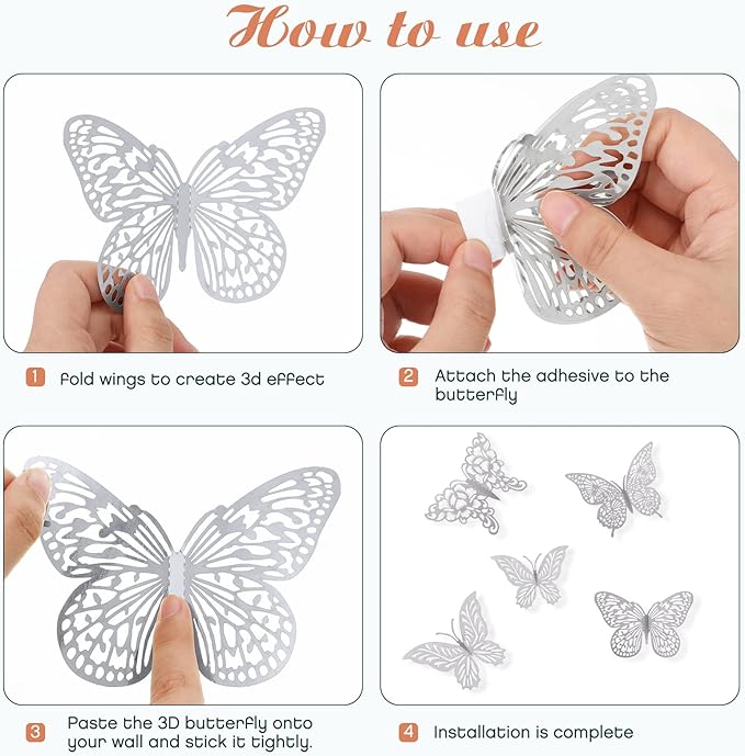 3D Gold Butterfly Wall Decor 3 Sizes 4 Styles Butterfly Party Decorations Cake Decorations Removable Stickers Wall Decor Room Mural Metallic Kids (Silver, 96Pcs)