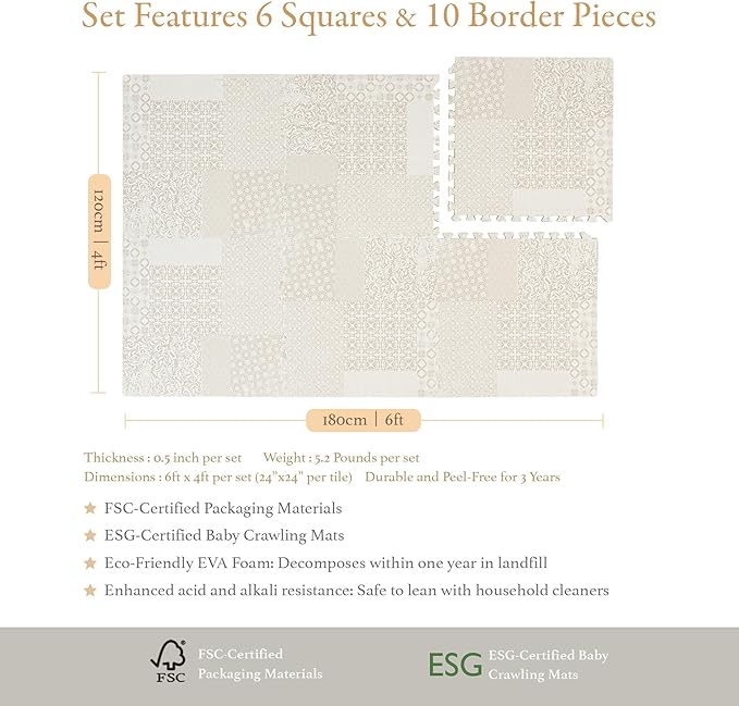 PopsyKosy Premium Baby Floor Play Mat - Thick & Cushioned 0.5 inch Playroom Foam Mat, Non-Toxic Odorless - 6 Tiles - Spacious 6x4 ft. - Stylish & Large, Waterproof for Kids & Toddlers - Totem Beige