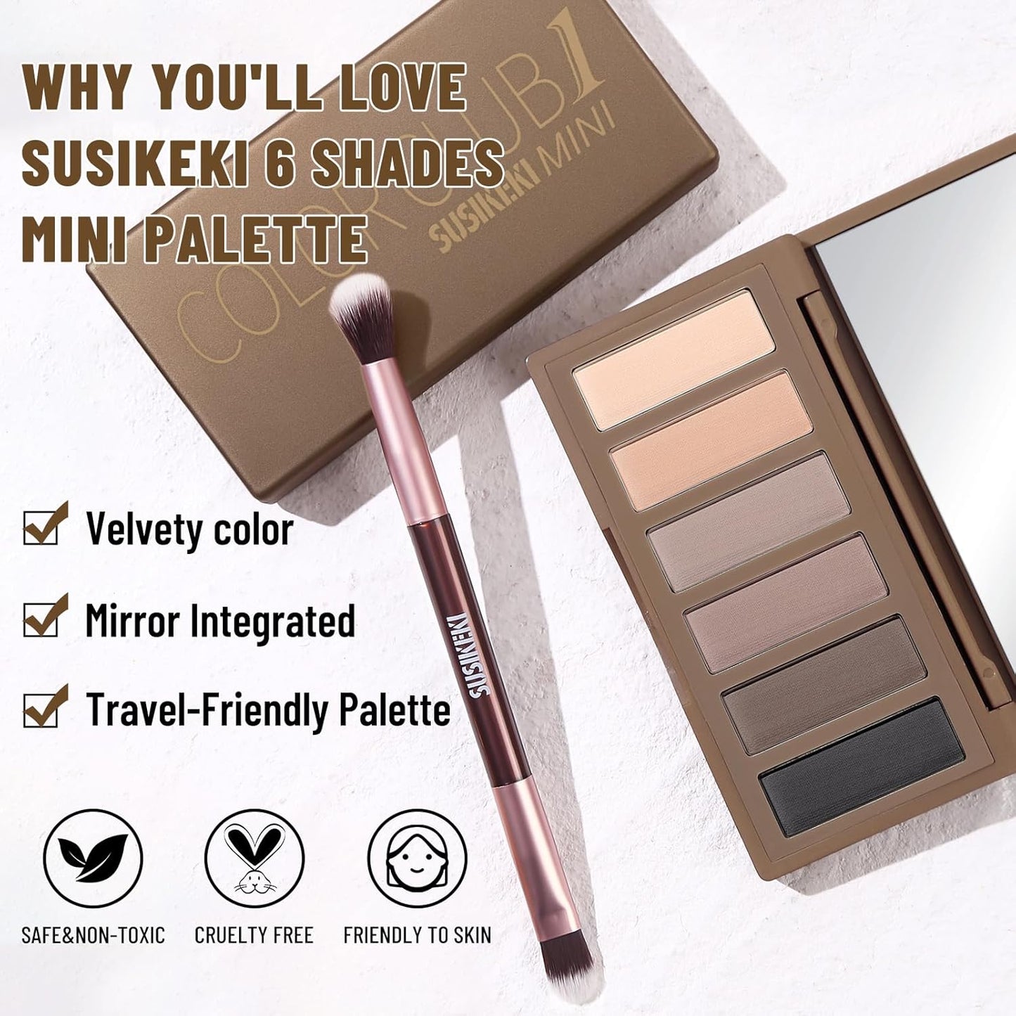6 Colors Mini Eyeshadow Makeup Palette with Brush Neutral Nude Smoky Eye Shadow Taupe & Brown Matte Make Up Pallet with Mirror Highly Pigmented Long Lasting Waterproof Travel Size Gift Kit