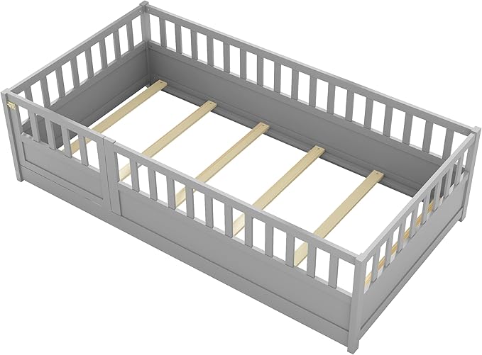 Twin Size Floor Bed with High Fence, Door and Slats, Twin Floor Bed with Slats(Gray Twin)