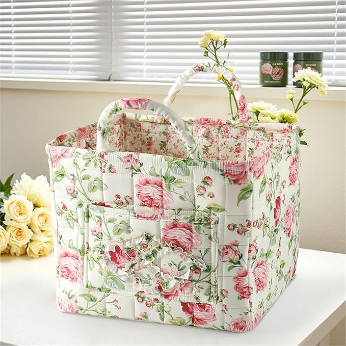 Boho Fabric Storage Basket, Collapsible Floral Laundry Nursery Hamper, Portable Folding Organizer Bin for Home Office Picnic Clothes Toys Books Sundries Storage (Floral 3)
