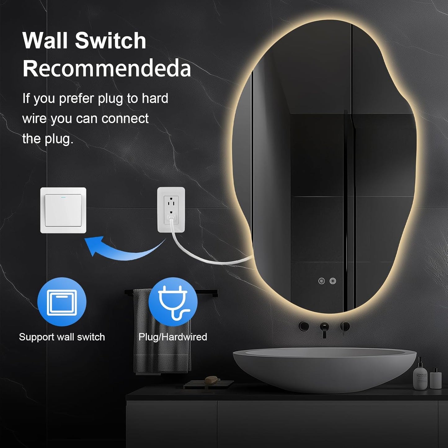 Asymmetrical LED Bathroom Mirror with Lights,Irregular Led Bathroom Vanity Mirror for Wall with Front and Backlit, Anti Fog, 3 Colors and Dimmable Light,[Horizontal/Vertical] 48" H x 30" W
