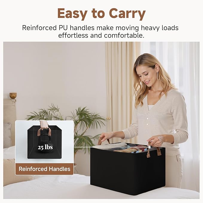 StorageWorks Storage Bins, Fabric Storage Bins for Shelves, Large Storage Baskets with Metal Frame, Closet Baskets and Bins with Handles, Black, 2-Pack