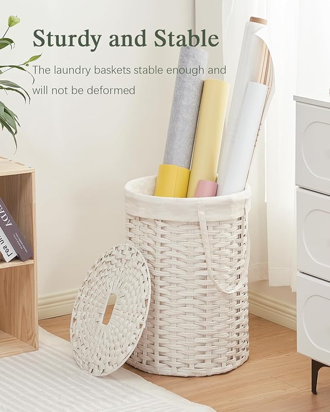 Laundry Hamper with Lid Laundry Basket with Lid 19.0 Gal (72 L) Round Wicker Laundry Basket Handwoven Rattan Basket with Lid Removable Bag 2 Mesh Bags Handles for Living Room Bathroom White