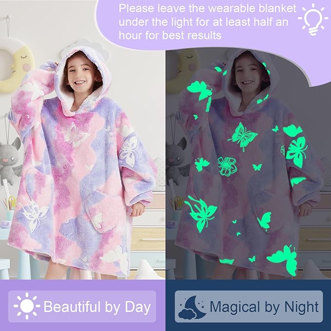 Fiosnow Glow in the Dark Butterfly Blanket Hoodies for Kids 6-13YR Oversize Wearable Blanket Hoodies for Boys Girls Teens