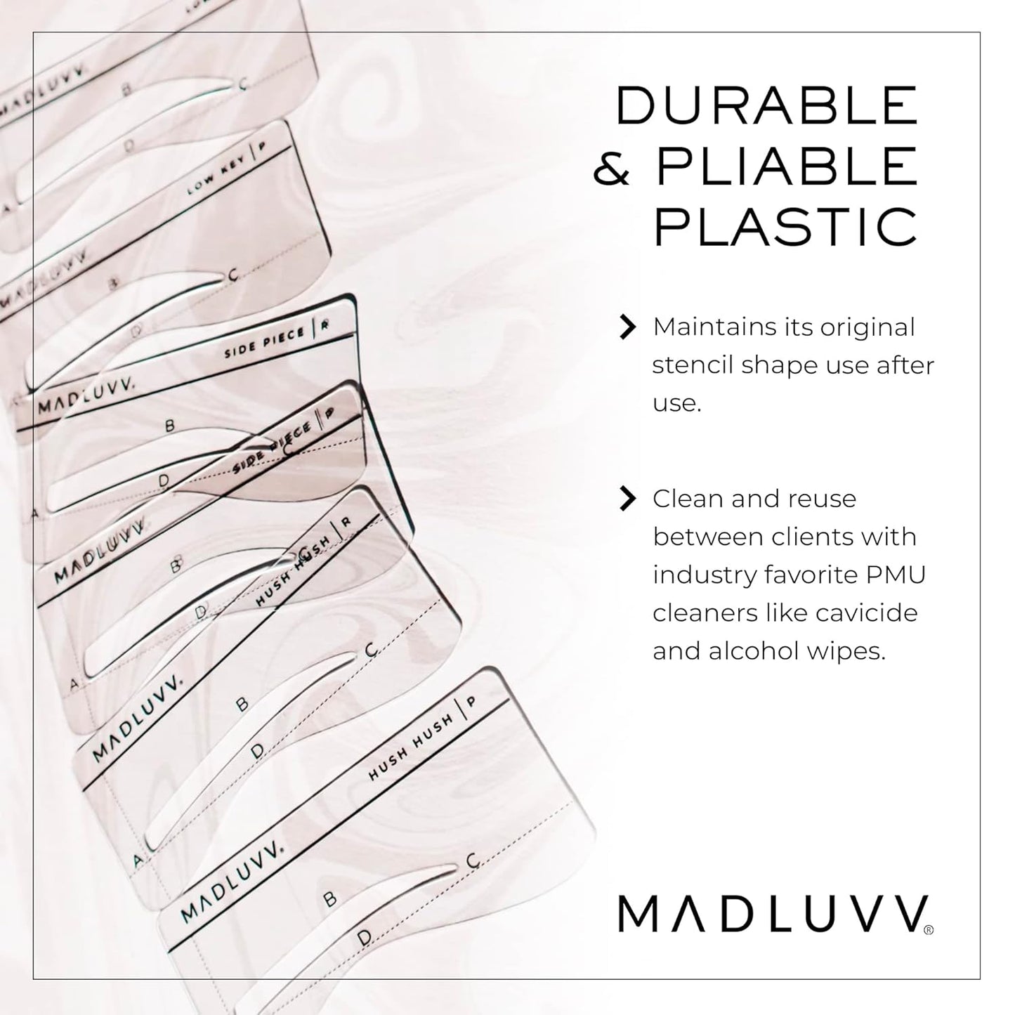 MADLUVV Eyebrow Shaper Stencils – 6 Reusable Stencils for Microblading, Brow Mapping & Shaping – Petite & Regular Sizes – for PMU & Semi-Permanent Makeup Artists – On The DL Set