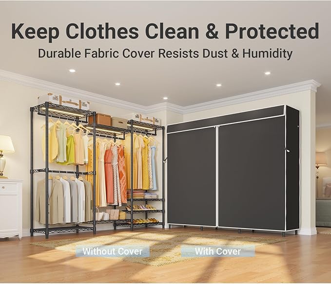 VIPEK V5LC Garment Rack Heavy Duty Covered Clothes Racks with Dimmable LED Light 3000K Warm White, Portable Closet Wardrobe Freestanding Clothing Racks for Hanging Clothes, Black Rack with Black Cover
