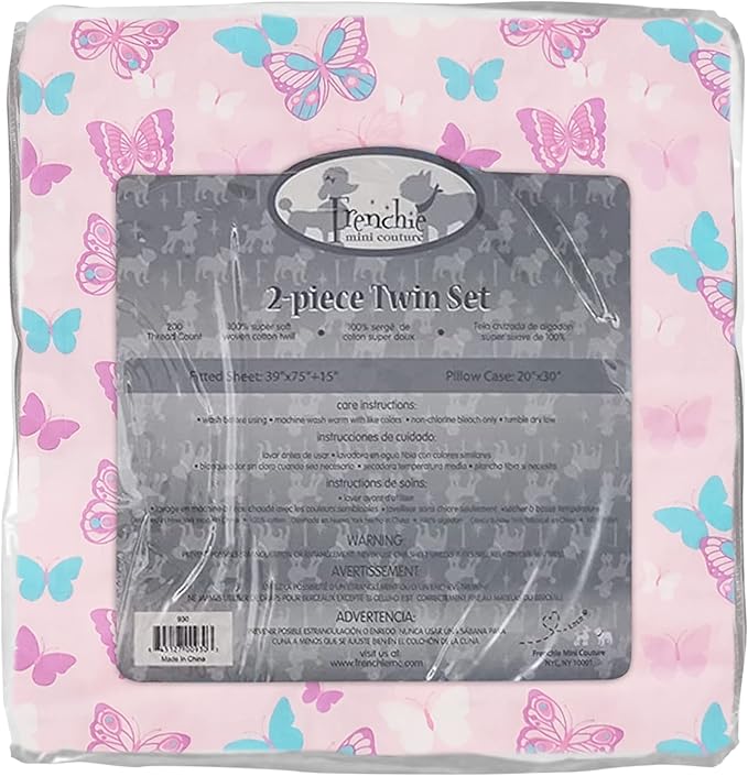 Frenchie Mini Couture, 2-Piece Kids Twin Sheets Set, 100% Woven Cotton, Deep Pocket Bed Sheet 39 x 75 x 15in + Pillowcase 20 x 30, Butterfly (Pink)