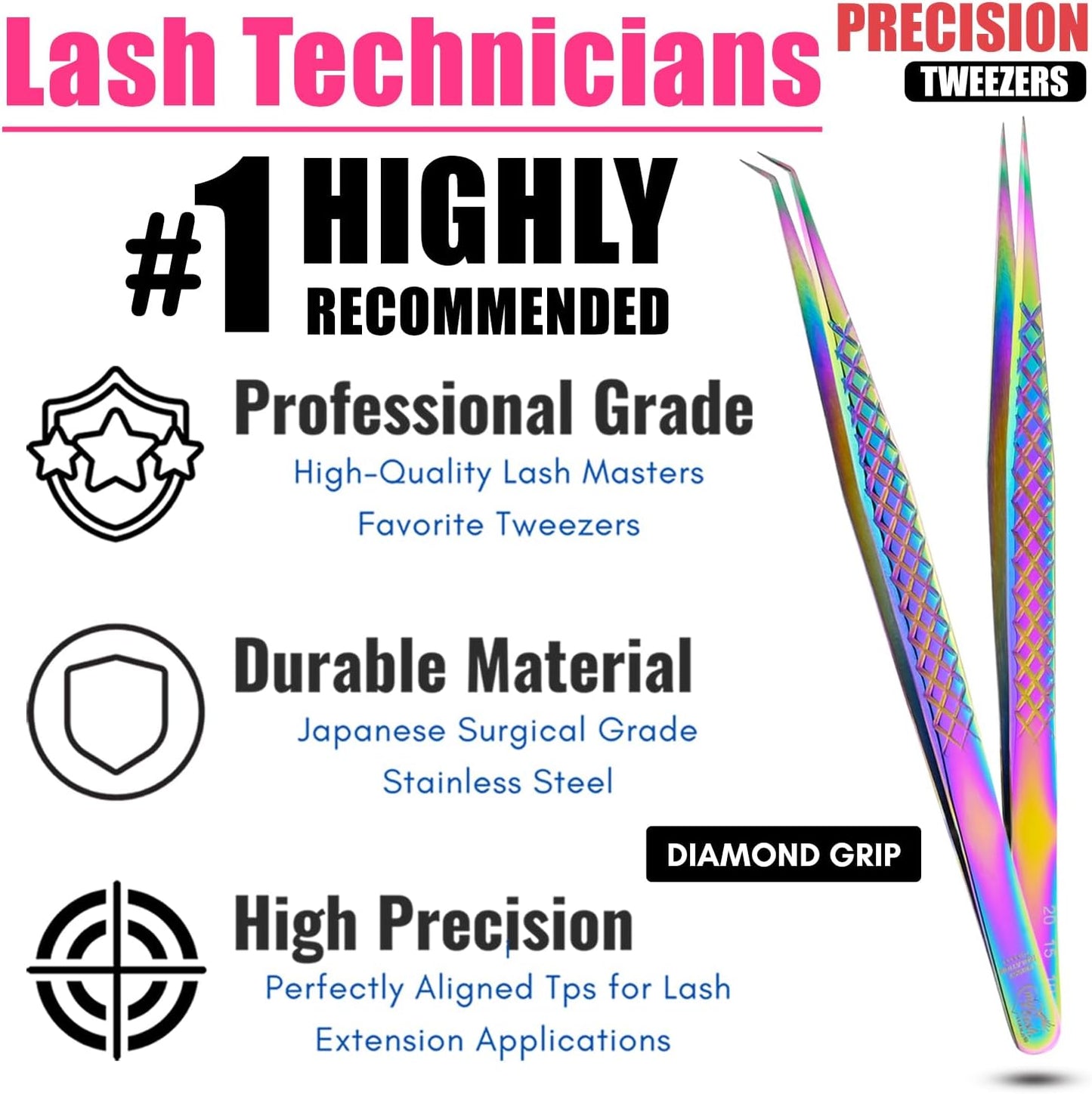 2pcs Curved & Straight Isolation Tweezers for Eyelash Extensions – 14cm Japanese Stainless Steel, Diamond Grip Non Slip Grip, Rainbow Set, Best for Classic & Individual Lashes