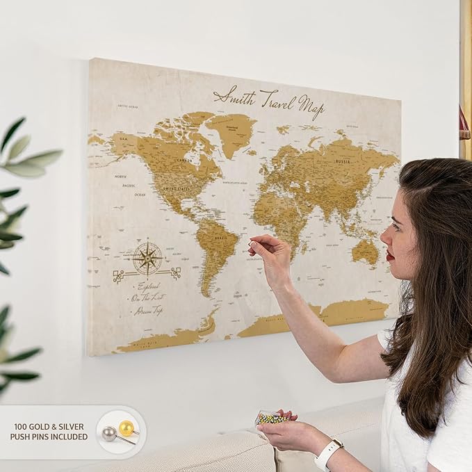 ElephantStock - Personalized Travel Push Pin World Map Wall Art - Horizontal Canvas Wall Art - Living Room Wall Decor - Digital Art Map Canvas Art - Orange And Beige Decor - 36" x 24"