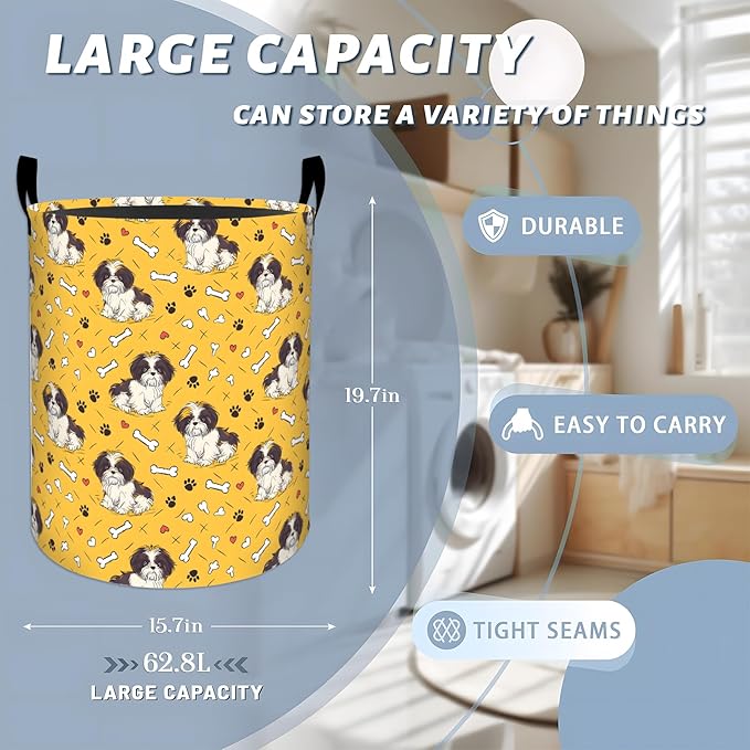 Cute Shih Tzu with Paw and Bone Pattern Laundry Basket with Handles, 19.7"x15.7" Clothes Foldable Puppy Dog Laundry Hamper Organizer for Dorm Nursery Bedroom Bathroom Decor, Toy Storage Bin for Kids