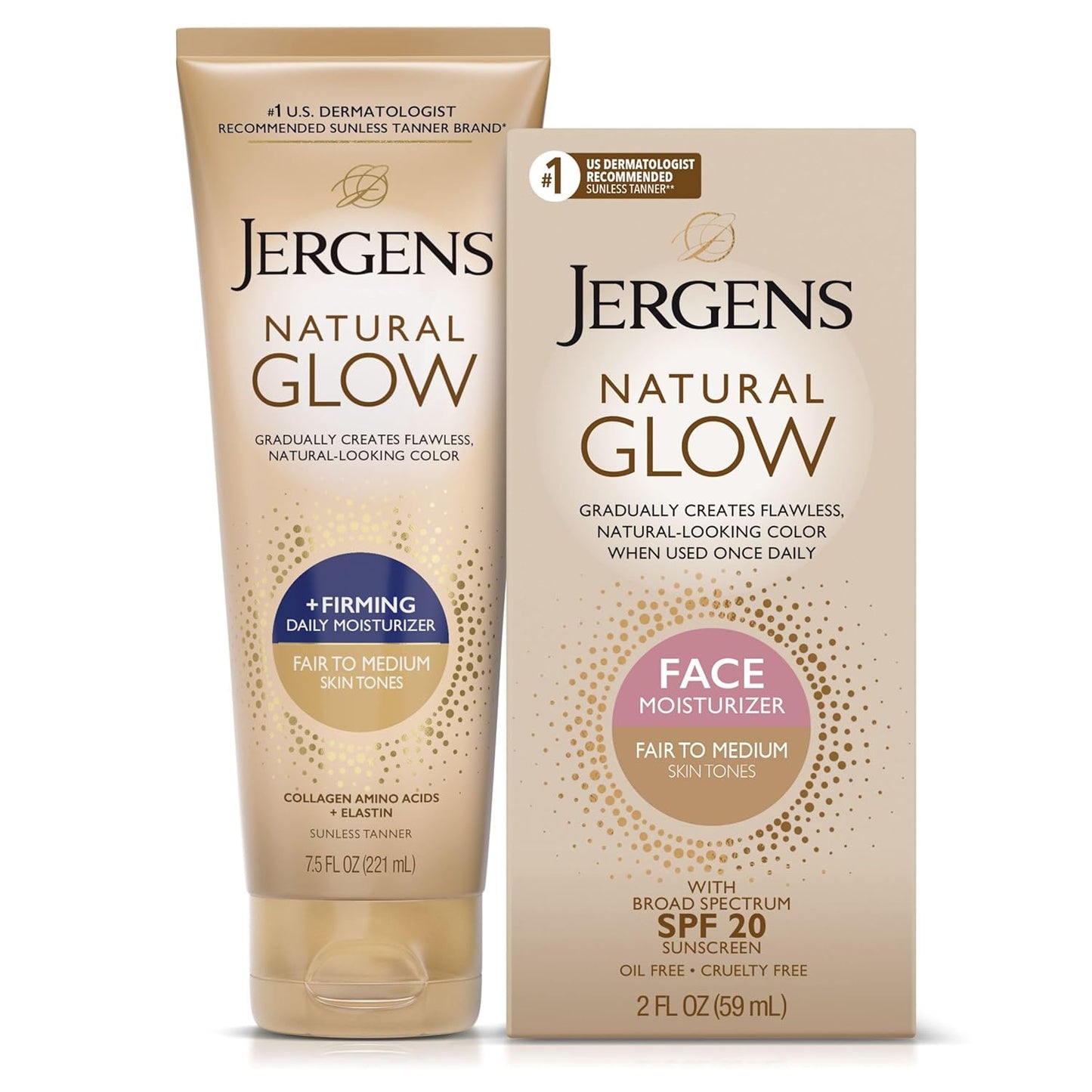 Jergens Natural Gradual Glow Bundle Pack: Daily Moisturizer +Firming 7.5fl oz and SPF20 Face Moisturizer 2fl oz, Fair to Medium