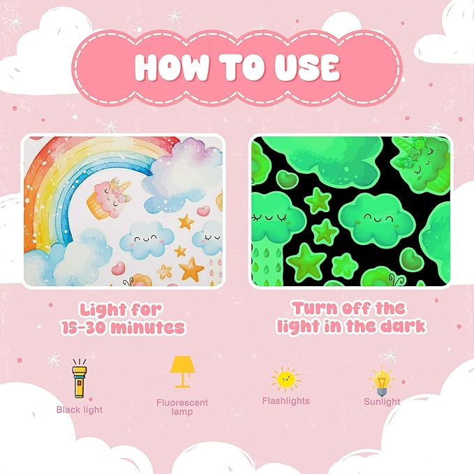 Large Unicorn and Rainbow Wall Decals Glow in The Dark, Watercolor Stars Stickers for Baby Girls Room, Luminous Ceiling Decor for Bedroom Playroom Nursery