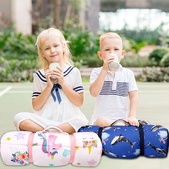 Toddler Nap Mat with Removable Pillow and Soft Dot Minky Blanket Pea Pod Kids Unicorn Napping Mats, Extra Large Rolled Slumber Bags for Girls Preschool, Daycare, Camping, 22 x 54inches Ages 3-7 Years