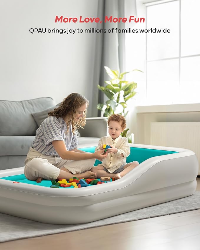 QPAU Inflatable Toddler Travel Bed with 3-Sided Safety Bumpers, Extra Large Kids Air Mattress, Includes Detachable Mattress, Portable for Camping, Travel, Home Use (Cyan)