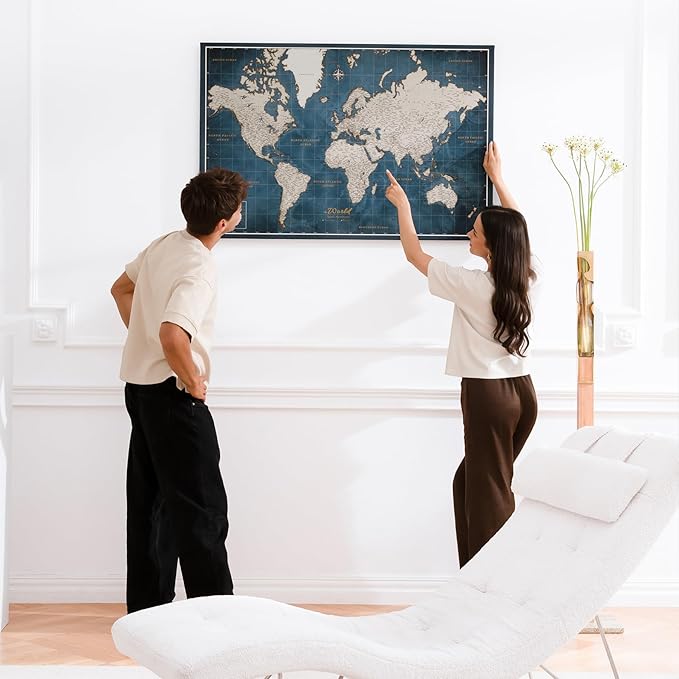 Canvas World Map with Cork Pin Board - English Lettering - Decorative Wall Decoration for All Rooms - Canvas Pictures with World Map Motif (150x100 cm, Pattern 19)