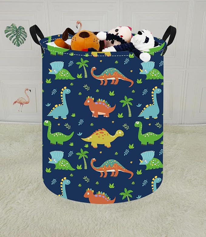 KUNRO Round Dinosaur Laundry Gift Basket Storage Hamper, Kids Toys and Clothes Storage Organizer Bins, Toy Shelf Basket with Handles for Room Decor