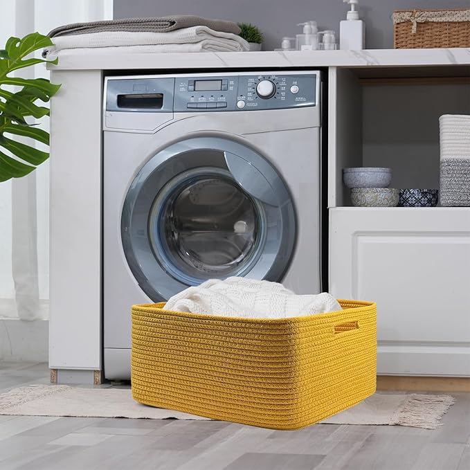 COMFY-HOMI 3 pcs Large Storage Baskets for Shelves, Laundry Basket, Woven Rope Basket, Closet Organizer Bins for Clothes Blanket Towels, Baby Nursery, Gift Toy Baskets, 17” x 13” x 7.5”-Yellow