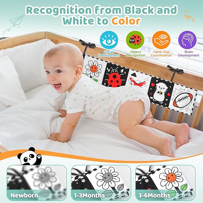 High Contrast Baby Book with Tummy Time Mirror & Contrast Cards | Black and White Visual Stimulation for Newborns 0-6 Months & Infants | Interactive Learning Gift, Baby Shower Essential