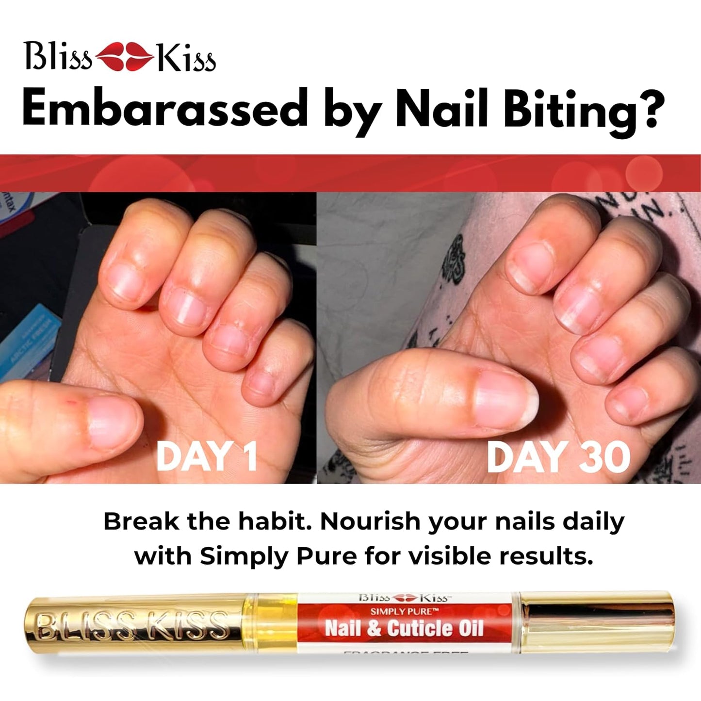 Bliss Kiss | Fragrance Free 4 Nail Oil Cuticle Pens w/Vitamin E & Jojoba⏤Nail Strengthener Nail Growth and Strengthening Serum for Brittle, Peeling, Breaking, Thin nails