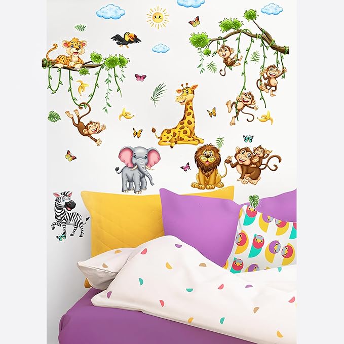 Cute Jungle Theme Wall Stickers Removable Animal Forest Wall Decals Elephant Monkey Lion Giraffe Zebra Peel and Stick Tropical Wall Art Decor for Nursery Bedroom Classroom (Colourful)