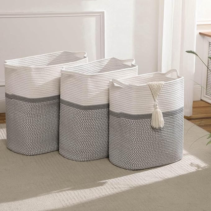 Tall Laundry Basket With Handles,Woven Cotton Rope Big Laundry Hamper Sorters,Versatile Storage for Dirty Clothes,Baby Toys,and Blankets in Bathroom, Nursery,and Living Room (White/Gray, 50L)