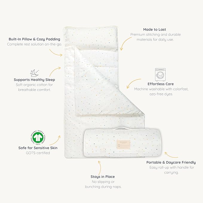 Makemake Organics GOTS Certified Organic Cotton Nap Mat with Detachable Pillow for Kids Soft Sleeping Bag for Toddlers, Boys, Girls - Ideal for Daycare, Preschool, Kindergarten