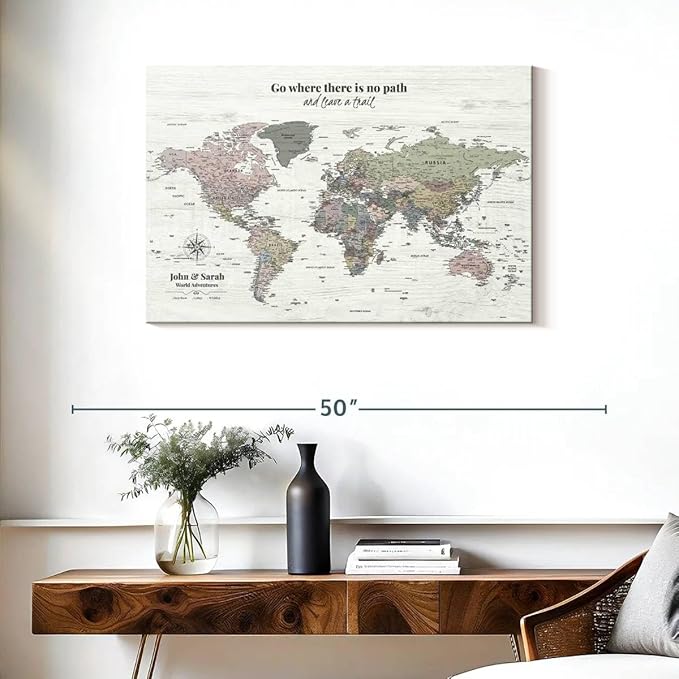 ElephantStock - Personalized Leave A Trail Iii Push Pin World Map Wall Art - Horizontal Canvas Wall Art - Living Room Wall Decor - Digital Art Map Canvas Art - White And Gray Decor - 36" x 24"
