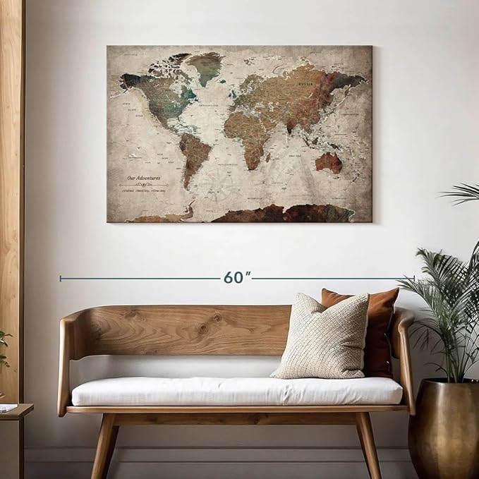 ElephantStock - Our Adventures World Map With Push Pin Iii Wall Art - Horizontal Canvas Wall Art - Living Room Wall Decor - Printmaking Map Canvas Art - Beige And Brown Decor - 45" x 30"