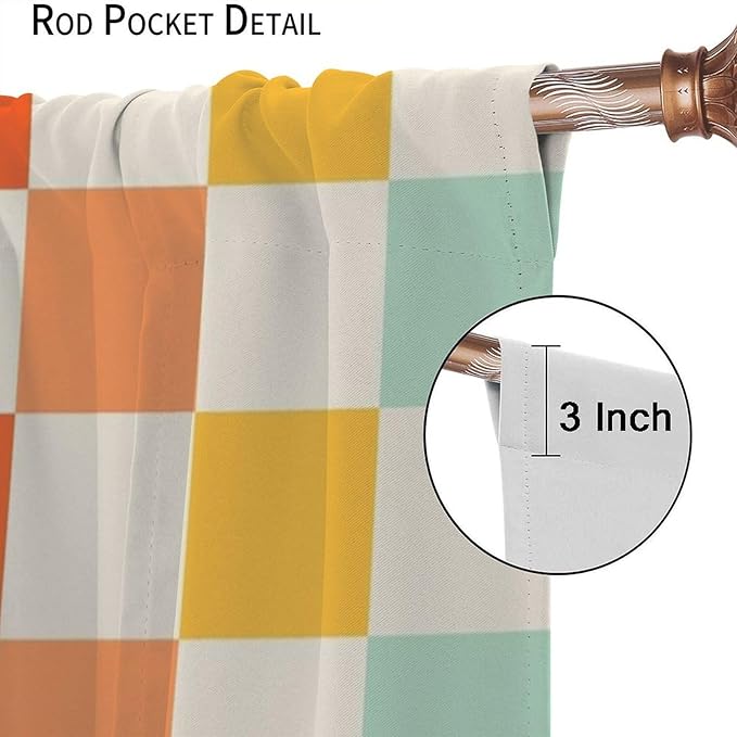 70s Retro Curtains,Cute Green Pink Yellow Checkered Hippie Window Treatments for Kids Girl Bedroom Window 63"" W X 63"" L, Style-7