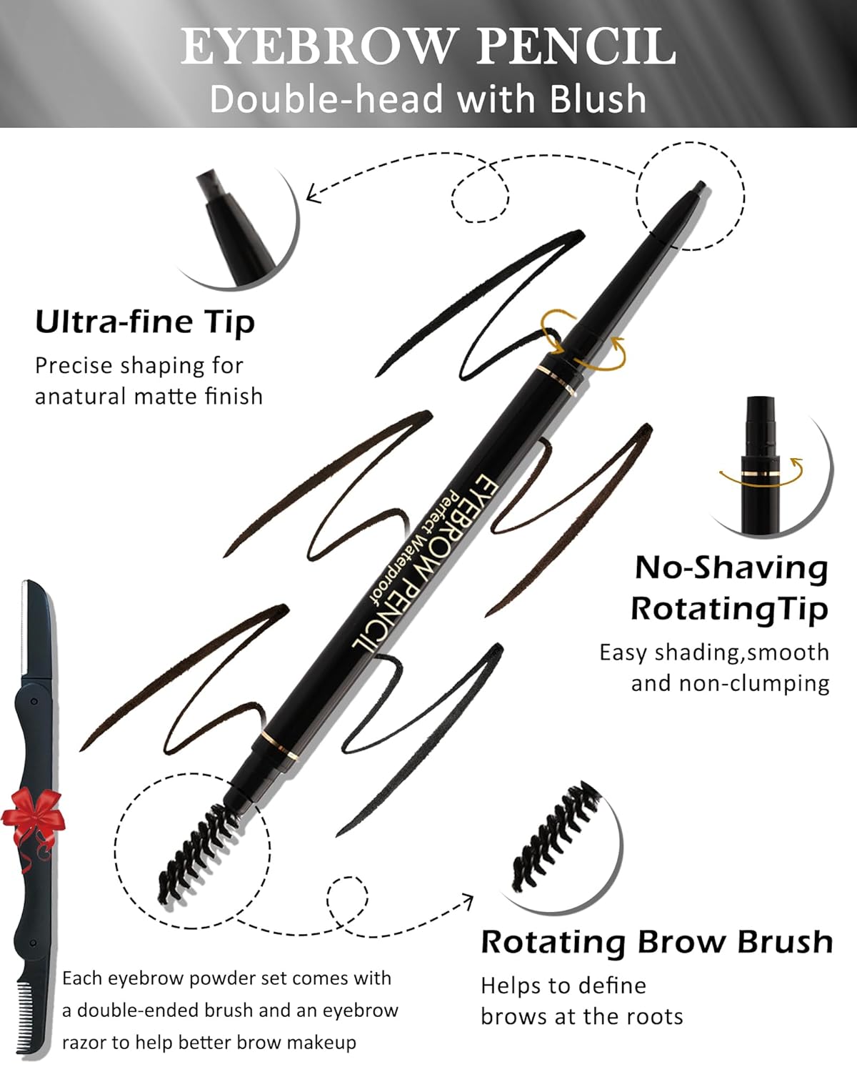 12 Pcs Waterproof Black Eyebrow Pencil Set, Professional Brow Micro Eyebrow Retractable Pencil, Ultra Fine Long Lasting for Eye Brows Women Eye Makeup Shaping & Filling Brow Gel Pen- 01